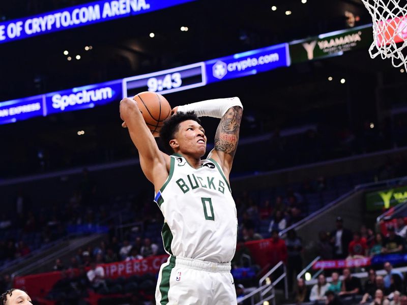 LOS ANGELES, CA - FEBRUARY 10: Marjon Beauchamp #0 of the Milwaukee Bucks drives to the basket during the game against the LA Clippers on February 10, 2023 at Crypto.Com Arena in Los Angeles, California. NOTE TO USER: User expressly acknowledges and agrees that, by downloading and/or using this Photograph, user is consenting to the terms and conditions of the Getty Images License Agreement. Mandatory Copyright Notice: Copyright 2023 NBAE (Photo by Adam Pantozzi/NBAE via Getty Images)