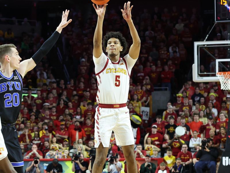 Mar 6, 2024; Ames, Iowa, USA; Iowa State Cyclones guard Curtis Jones (5) shoots against the Brigham Young Cougars at James H. Hilton Coliseum. Mandatory Credit: Reese Strickland-USA TODAY Sports