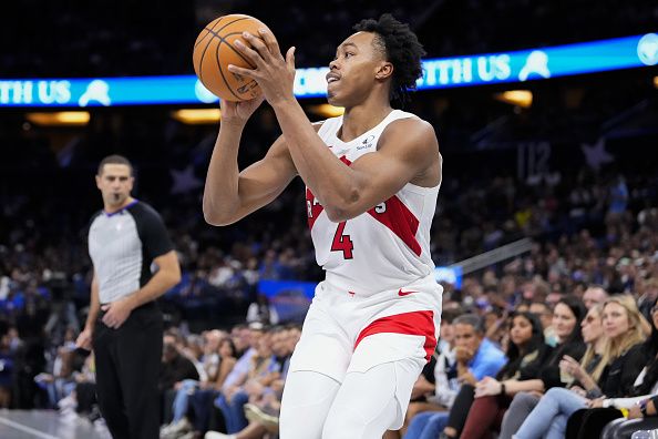 ORLANDO, FLORIDA - NOVEMBER 21: Scottie Barnes #4 of the Toronto Raptors shoots against the Orlando Magic during the second half of an NBA In-Season Tournament game at Amway Center on November 21, 2023 in Orlando, Florida. NOTE TO USER: User expressly acknowledges and agrees that, by downloading and or using this photograph, User is consenting to the terms and conditions of the Getty Images License Agreement. (Photo by Rich Storry/Getty Images)