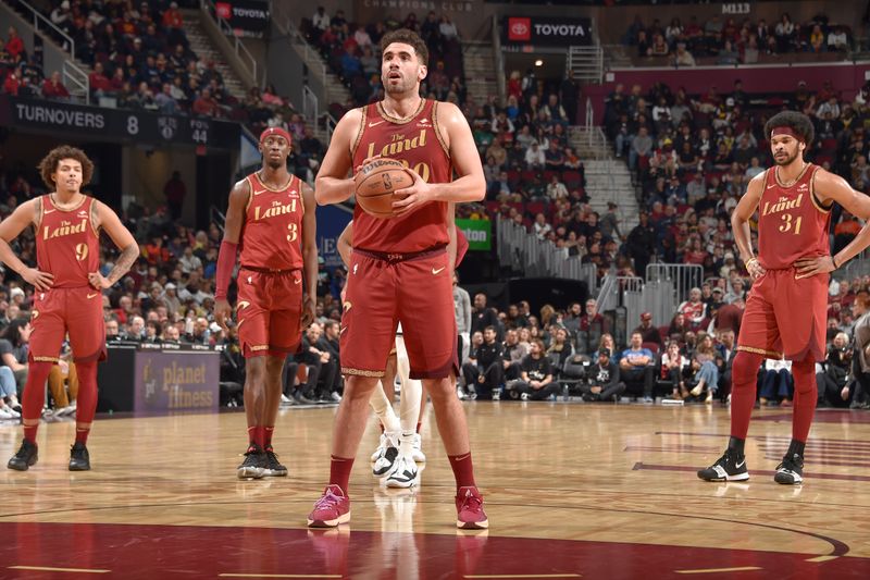 CLEVELAND, OH - MARCH 10: Georges Niang #20 of the Cleveland Cavaliers shoots a free throw during the game against the Brooklyn Nets on March 10, 2024 at Rocket Mortgage FieldHouse in Cleveland, Ohio. NOTE TO USER: User expressly acknowledges and agrees that, by downloading and/or using this Photograph, user is consenting to the terms and conditions of the Getty Images License Agreement. Mandatory Copyright Notice: Copyright 2024 NBAE (Photo by David Liam Kyle/NBAE via Getty Images)