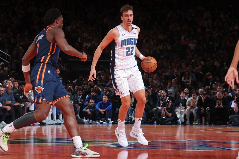 NEW YORK, NY - DECEMBER 3: Franz Wagner #22 of the Orlando Magic dribbles the ball during the game against the New York Knicks during the Emirates NBA Cup on December 3, 2024 at Madison Square Garden in New York City, New York.  NOTE TO USER: User expressly acknowledges and agrees that, by downloading and or using this photograph, User is consenting to the terms and conditions of the Getty Images License Agreement. Mandatory Copyright Notice: Copyright 2024 NBAE  (Photo by Nathaniel S. Butler/NBAE via Getty Images)