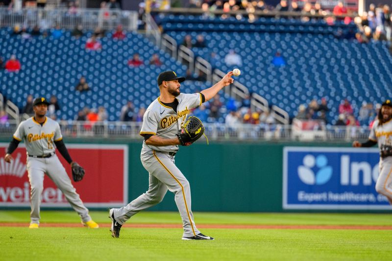 Apr 4, 2024; Washington, District of Columbia, USA; Pittsburgh Pirates starting pitcher Martin Perez (54) throws the ball to first base during the second inning against the Washington Nationals at Nationals Park. Mandatory Credit: Reggie Hildred-USA TODAY Sports