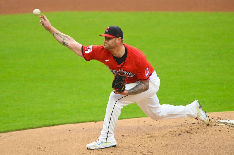 Aug 24, 2024; Cleveland, Ohio, USA; Cleveland Guardians starting pitcher Ben Lively (39) delivers a pitch in the first inning against the Texas Rangers at Progressive Field. Mandatory Credit: David Richard-USA TODAY Sports