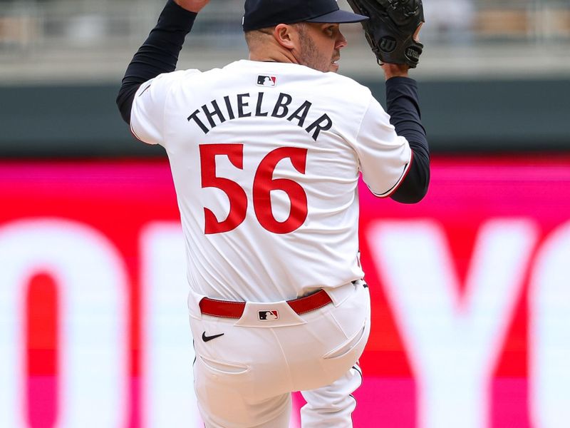 May 16, 2024; Minneapolis, Minnesota, USA; Minnesota Twins relief pitcher Caleb Thielbar (56) delivers a pitch against the New York Yankees during the sixth inning at Target Field. Mandatory Credit: Matt Krohn-USA TODAY Sports