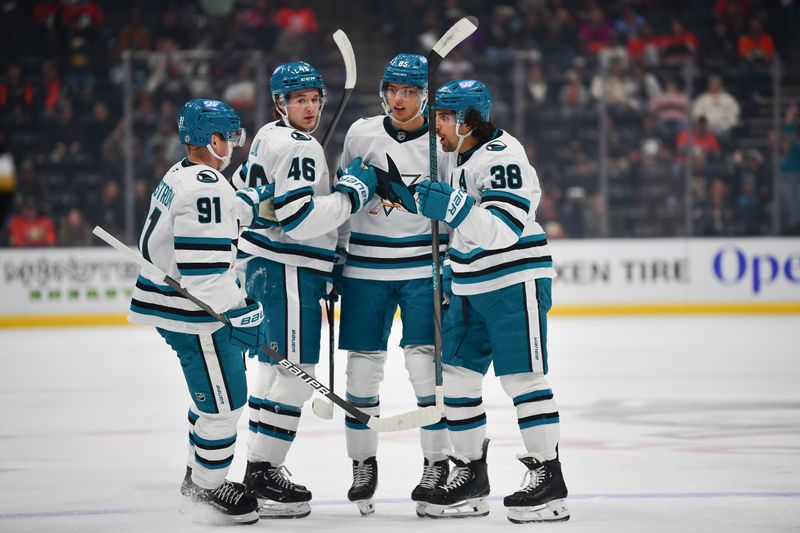 Apr 1, 2025; Anaheim, California, USA; San Jose Sharks celebrate the goal scored by defenseman Shakir Mukhamadullin (85) against the Anaheim Ducks during the first period at Honda Center. Mandatory Credit: Gary A. Vasquez-Imagn Images