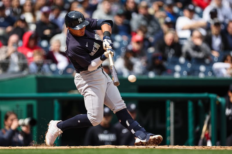 Mar 28, 2023; Washington, District of Columbia, USA; New York Yankees shortstop Anthony Volpe (77) singles against the Washington Nationals during the third inning of the Spring Training game at Nationals Park. Mandatory Credit: Scott Taetsch-USA TODAY Sports