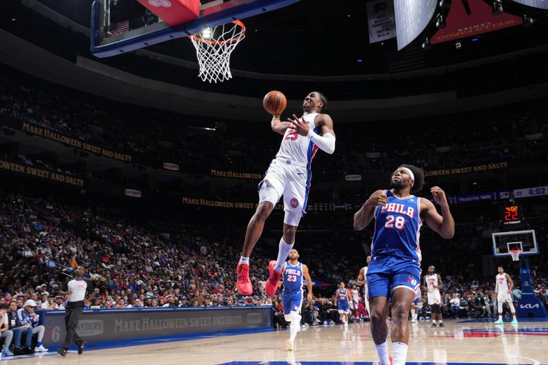 PHILADELPHIA, PA - OCTOBER 30: Jaden Ivey #23 of the Detroit Pistons drives to the basket during the game against the Philadelphia 76ers on October 30, 2024 at the Wells Fargo Center in Philadelphia, Pennsylvania NOTE TO USER: User expressly acknowledges and agrees that, by downloading and/or using this Photograph, user is consenting to the terms and conditions of the Getty Images License Agreement. Mandatory Copyright Notice: Copyright 2024 NBAE (Photo by Jesse D. Garrabrant/NBAE via Getty Images)