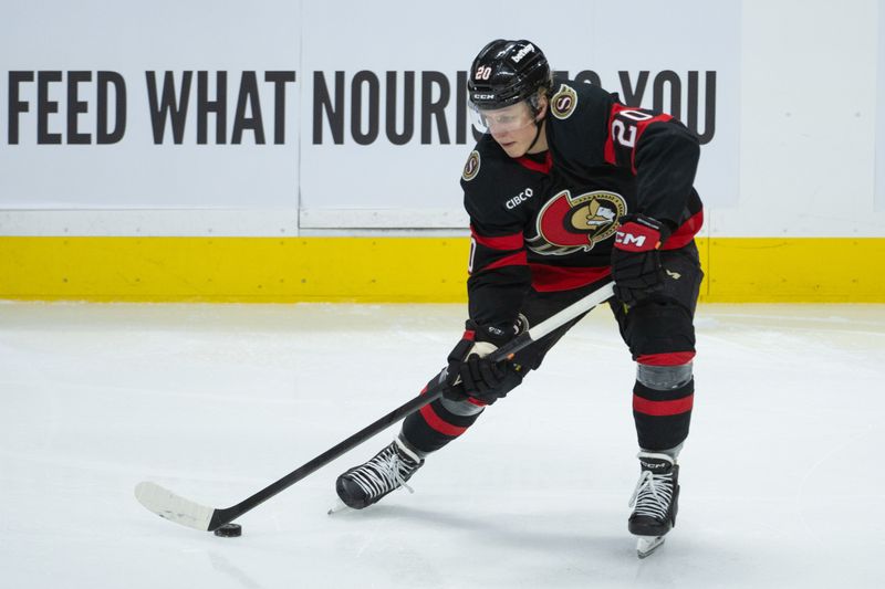 Dec 20, 2025; Ottawa, Ontario, CAN; Ottawa Senators left wing Fabian Zetterlund (20) controls the puck in the third period against Chicago Blackhawks at the Canadian Tire Centre. Mandatory Credit: Marc DesRosiers-IMAGN Images