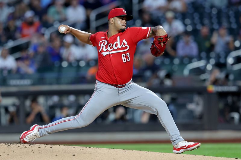 Sep 6, 2024; New York City, New York, USA; Cincinnati Reds starting pitcher Fernando Cruz (63) pitches against the New York Mets during the first inning at Citi Field. Mandatory Credit: Brad Penner-Imagn Images