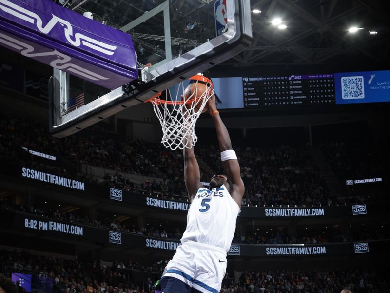 SALT LAKE CITY, UT - JANUARY 30:  Anthony Edwards #5 of the Minnesota Timberwolves drives to the basket during the game against the Utah Jazz on January 30, 2025 at Delta Center in Salt Lake City, Utah. NOTE TO USER: User expressly acknowledges and agrees that, by downloading and or using this Photograph, User is consenting to the terms and conditions of the Getty Images License Agreement. Mandatory Copyright Notice: Copyright 2025 NBAE (Photo by Melissa Majchrzak/NBAE via Getty Images)