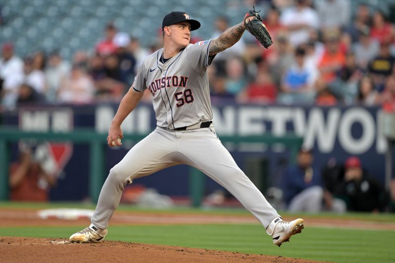 Jun 8, 2024; Anaheim, California, USA;  Houston Astros starting pitcher Hunter Brown (58) delivers to the plate in the first inning against the Los Angeles Angels at Angel Stadium. Mandatory Credit: Jayne Kamin-Oncea-USA TODAY Sports