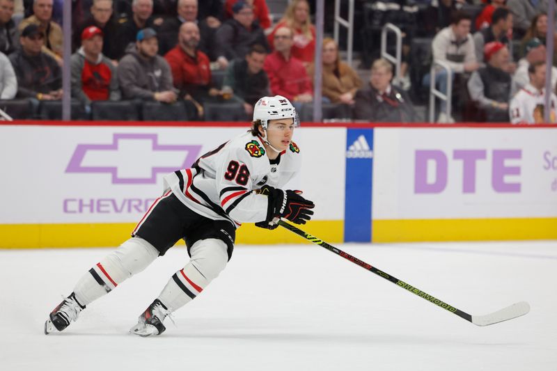 Nov 30, 2023; Detroit, Michigan, USA;  Chicago Blackhawks center Connor Bedard (98) skates in the first period against the Detroit Red Wings at Little Caesars Arena. Mandatory Credit: Rick Osentoski-USA TODAY Sports