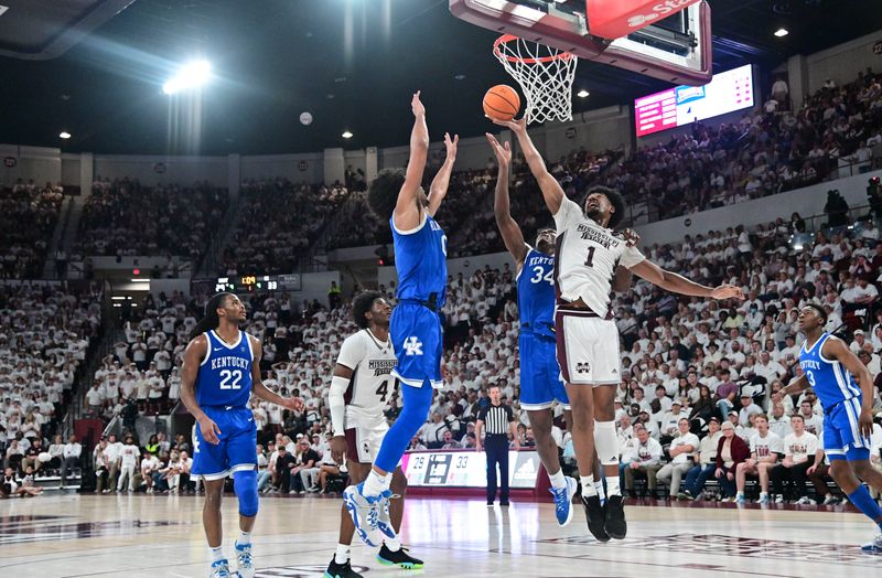 Feb 15, 2023; Starkville, Mississippi, USA; Mississippi State Bulldogs forward Tolu Smith (1) goes up for a shot while defended by Kentucky Wildcats forward Oscar Tshiebwe (34) and forward Jacob Toppin (0) during the first half at Humphrey Coliseum. Mandatory Credit: Matt Bush-USA TODAY Sports