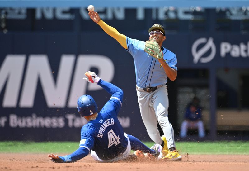 May 19, 2024; Toronto, Ontario, CAN;   Tampa Bay Rays second baseman Richie Palacios (1) throws to first base to complete a double play after forcing out Toronto Blue Jays right fielder George Springer (4) in the second inning at Rogers Centre. Mandatory Credit: Dan Hamilton-USA TODAY Sports