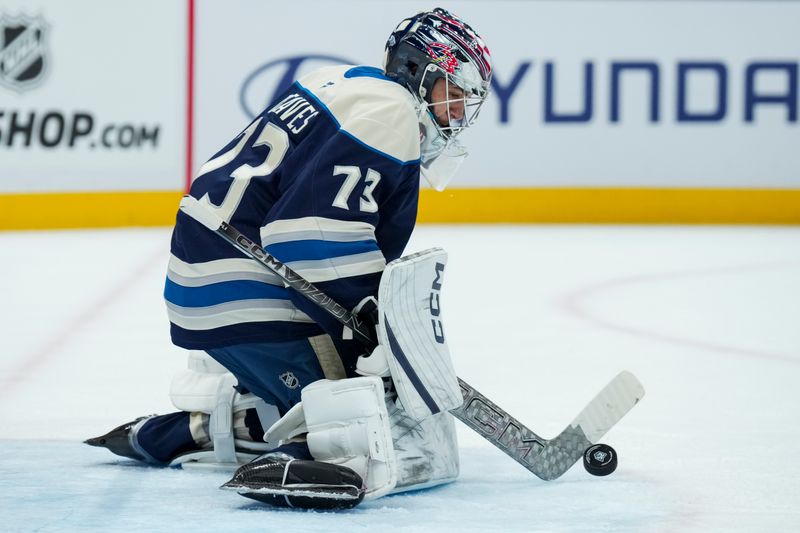 Nov 15, 2025; Columbus, Ohio, USA;  Columbus Blue Jackets goaltender Jet Greaves (73) makes a save in net against the New York Rangers in the first period at Nationwide Arena. Mandatory Credit: Aaron Doster-Imagn Images