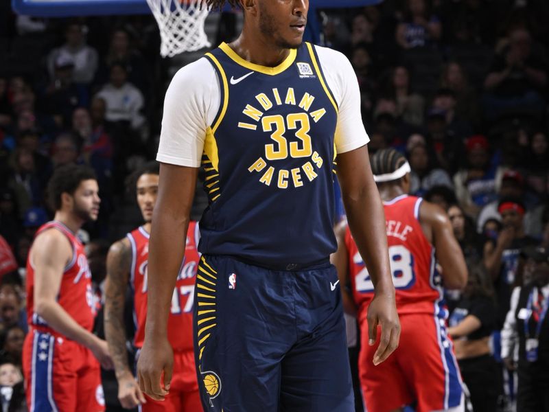 PHILADELPHIA, PA - MARCH 14:  Myles Turner #33 of the Indiana Pacers looks on during the game against the Philadelphia 76ers on March 14, 2025 at the Wells Fargo Center in Philadelphia, Pennsylvania NOTE TO USER: User expressly acknowledges and agrees that, by downloading and/or using this Photograph, user is consenting to the terms and conditions of the Getty Images License Agreement. Mandatory Copyright Notice: Copyright 2025 NBAE (Photo by David Dow/NBAE via Getty Images)