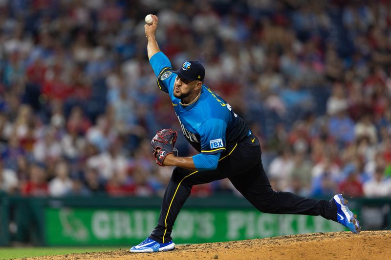 Aug 16, 2024; Philadelphia, Pennsylvania, USA; Philadelphia Phillies pitcher Carlos Estevez (53) throws a pitch during the ninth inning against the Washington Nationals at Citizens Bank Park. Mandatory Credit: Bill Streicher-USA TODAY Sports