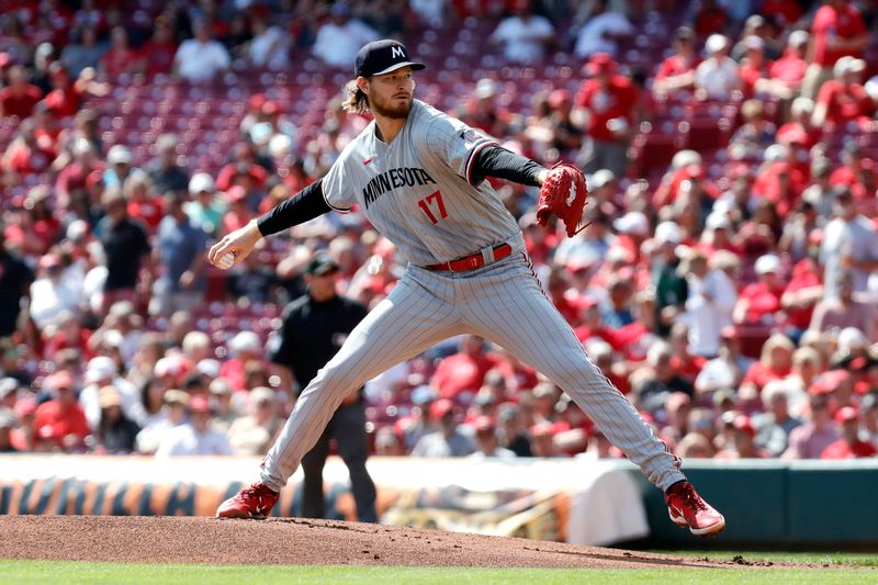 Sep 20, 2023; Cincinnati, Ohio, USA; Minnesota Twins starting pitcher Bailey Ober (17) throws against the Cincinnati Reds during the first inning at Great American Ball Park. Mandatory Credit: David Kohl-USA TODAY Sports