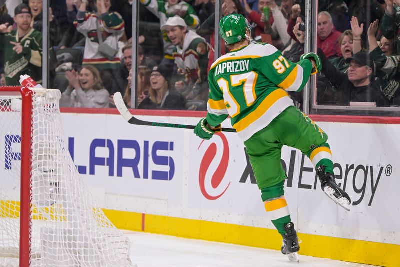 Nov 24, 2023; Saint Paul, Minnesota, USA; Minnesota Wild forward Kirill Kaprizov (97) celebrates his goal against the Colorado Avalanche during the second period at Xcel Energy Center. Mandatory Credit: Nick Wosika-USA TODAY Sports