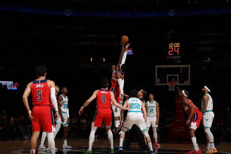 WASHINGTON, DC -? MARCH 8:  Open tip-off between Richaun Holmes #22 of the Washington Wizards & Nick Richards #4 of the Charlotte Hornets on March 8, 2024 at Capital One Arena in Washington, DC. NOTE TO USER: User expressly acknowledges and agrees that, by downloading and or using this Photograph, user is consenting to the terms and conditions of the Getty Images License Agreement. Mandatory Copyright Notice: Copyright 2024 NBAE (Photo by Stephen Gosling/NBAE via Getty Images)