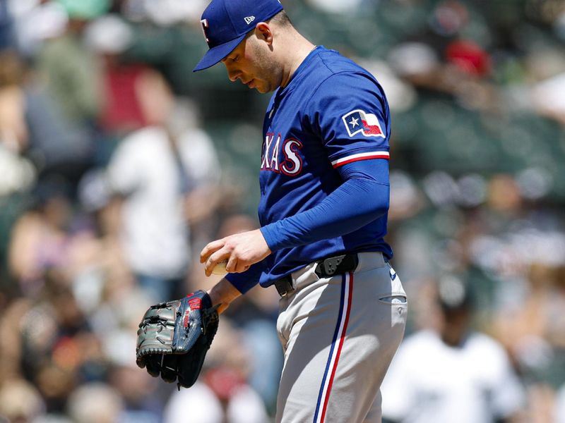 May 25, 2025; Chicago, Illinois, USA; Texas Rangers starting pitcher Patrick Corbin (46) reacts after giving up a solo home run to Chicago White Sox third baseman Miguel Vargas during the fourth inning at Rate Field. Mandatory Credit: Kamil Krzaczynski-Imagn Images