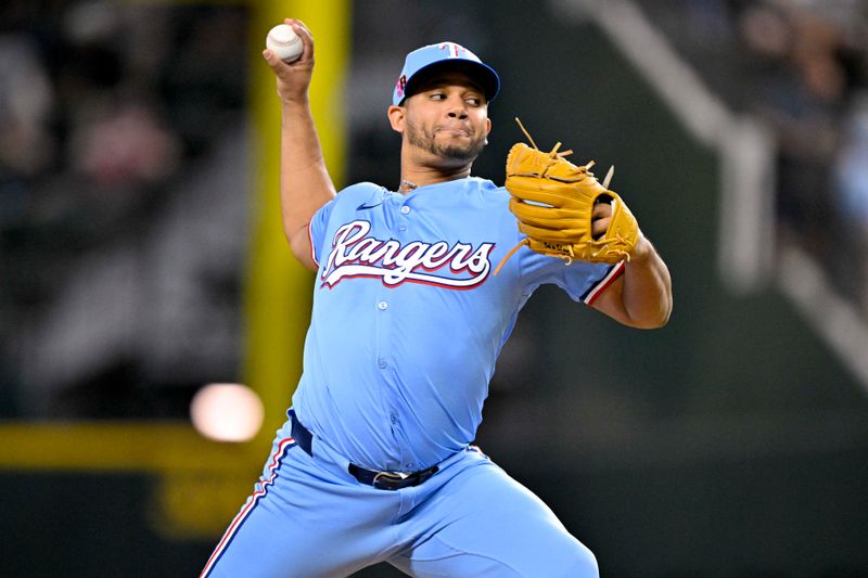 Aug 18, 2024; Arlington, Texas, USA; Texas Rangers relief pitcher Gerson Garabito (58) pitches against the Minnesota Twins during the fourth inning at Globe Life Field. Mandatory Credit: Jerome Miron-USA TODAY Sports