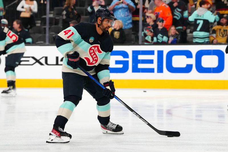 Mar 21, 2024; Las Vegas, Nevada, USA; Seattle Kraken left wing Pierre-Edouard Bellemare (41) warms up before a game against the Vegas Golden Knights at T-Mobile Arena. Mandatory Credit: Stephen R. Sylvanie-USA TODAY Sports