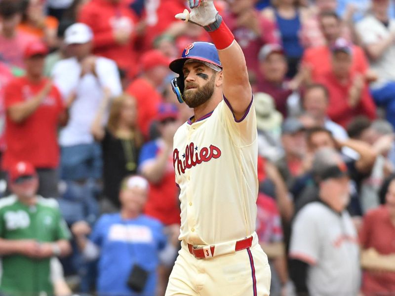 May 6, 2024; Philadelphia, Pennsylvania, USA; Philadelphia Phillies first base Bryce Harper (3) celebrates his three run home run against the San Francisco Giants  during the fifth inning at Citizens Bank Park. Mandatory Credit: Eric Hartline-USA TODAY Sports