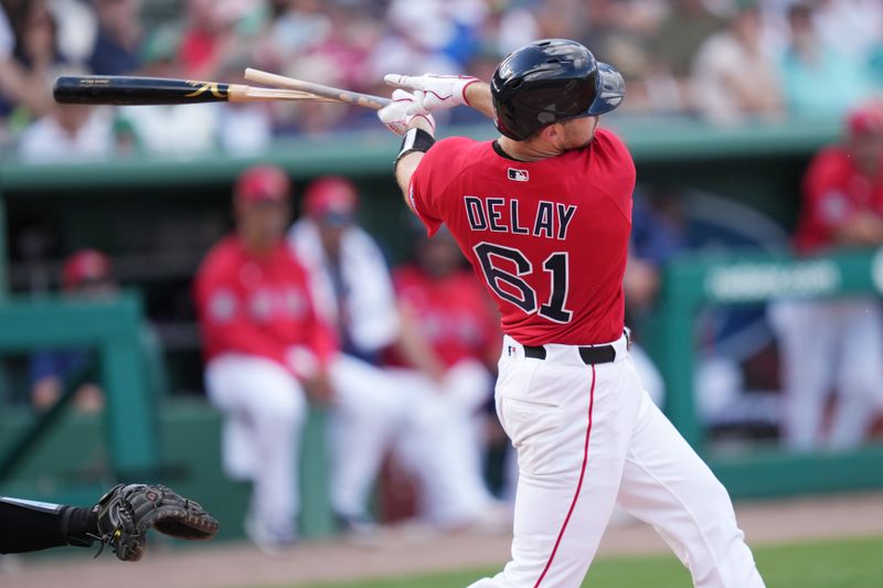 Mar 4, 2026; Fort Myers, Florida, USA;  Boston Red Sox catcher Jason Delay (61) shatters his bat in the eighth inning against New York Yankees at JetBlue Park at Fenway South. Mandatory Credit: Jim Rassol-Imagn Images