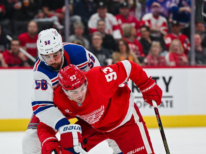 Apr 5, 2024; Detroit, Michigan, USA; Detroit Red Wings right wing Alex DeBrincat (93) brings the puck up ice as New York Rangers defenseman Ryan Lindgren (55) defends during the second period at Little Caesars Arena. Mandatory Credit: Tim Fuller-USA TODAY Sports