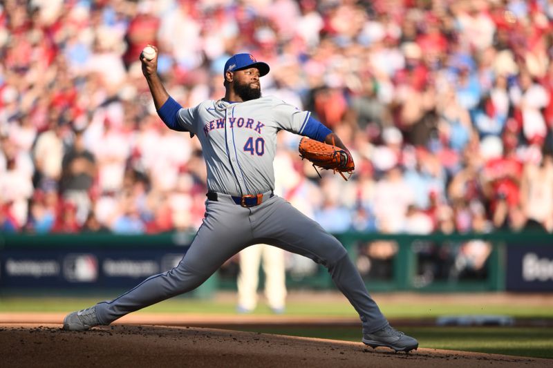 Oct 6, 2024; Philadelphia, Pennsylvania, USA; New York Mets pitcher Luis Severino (40) throws a pitch in the first inning against the Philadelphia Phillies during game two of the NLDS for the 2024 MLB Playoffs at Citizens Bank Park. Mandatory Credit: Kyle Ross-Imagn Images