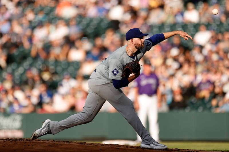 Jun 17, 2024; Denver, Colorado, USA; Los Angeles Dodgers starting pitcher James Paxton (65) pitches in the first inning against the Colorado Rockies at Coors Field. Mandatory Credit: Isaiah J. Downing-USA TODAY Sports