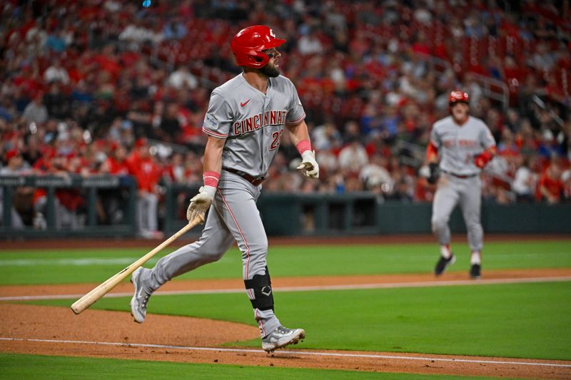 Sep 29, 2023; St. Louis, Missouri, USA;  Cincinnati Reds designated hitter Nick Martini (23) hits a three run  home ru8n against the St. Louis Cardinals during the first inning at Busch Stadium. Mandatory Credit: Jeff Curry-USA TODAY Sports