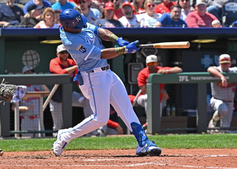 May 18, 2025; Kansas City, Missouri, USA;  Kansas City Royals center fielder Dairon Blanco (44) hits an RBI double in the fourth inning against the St. Louis Cardinals at Kauffman Stadium. Mandatory Credit: Peter Aiken-Imagn Images