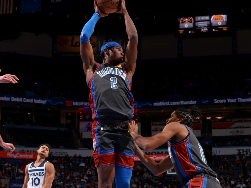 OKLAHOMA CITY, OK - DECEMBER 16: Shai Gilgeous-Alexander #2 of the Oklahoma City Thunder rebounds the ball during the game against the Minnesota Timberwolves on December 16, 2022 at Paycom Arena in Oklahoma City, Oklahoma. NOTE TO USER: User expressly acknowledges and agrees that, by downloading and or using this photograph, User is consenting to the terms and conditions of the Getty Images License Agreement. Mandatory Copyright Notice: Copyright 2022 NBAE (Photo by Zach Beeker/NBAE via Getty Images)