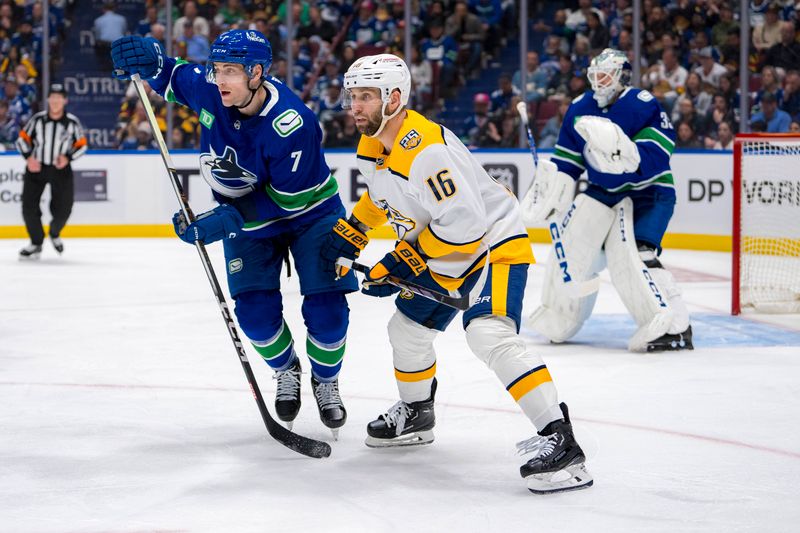 Apr 21, 2024; Vancouver, British Columbia, CAN; Vancouver Canucks defenseman Carson Soucy (7) battles with Nashville Predators forward Jason Zucker (16) in the second period in game one of the first round of the 2024 Stanley Cup Playoffs at Rogers Arena. Mandatory Credit: Bob Frid-USA TODAY Sports