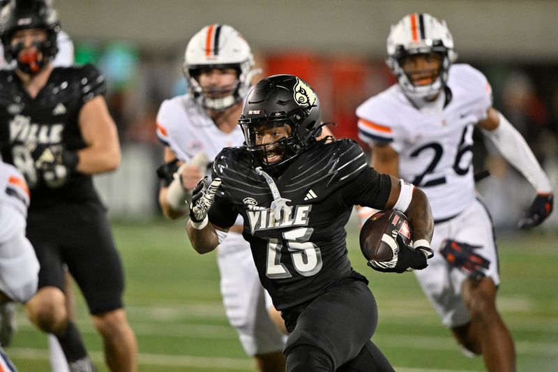 Nov 9, 2023; Louisville, Kentucky, USA; Louisville Cardinals running back Jawhar Jordan (25) runs the ball against the Virginia Cavaliers during the first quarter at L&N Federal Credit Union Stadium. Mandatory Credit: Jamie Rhodes-USA TODAY Sports