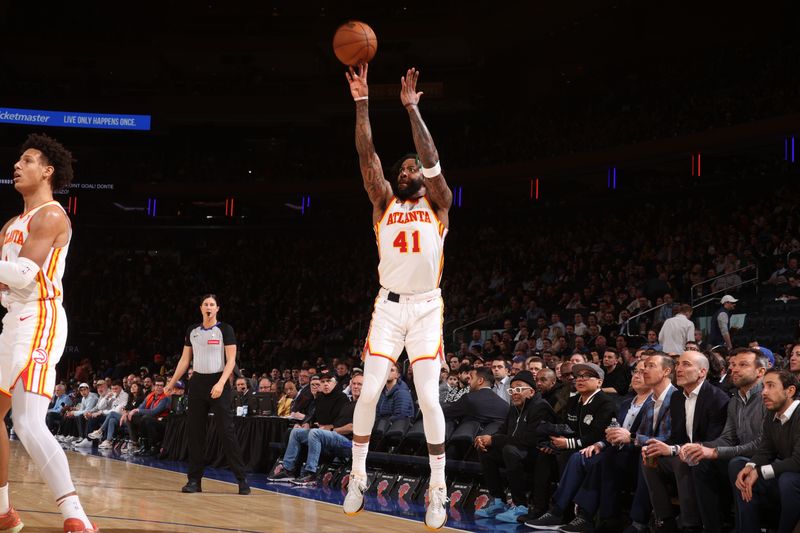 NEW YORK, NY - MARCH 5:  Saddiq Bey #41 of the Atlanta Hawks shoots the ball during the game against the New York Knicks on March 5, 2024 at Madison Square Garden in New York City, New York.  NOTE TO USER: User expressly acknowledges and agrees that, by downloading and or using this photograph, User is consenting to the terms and conditions of the Getty Images License Agreement. Mandatory Copyright Notice: Copyright 2024 NBAE  (Photo by Nathaniel S. Butler/NBAE via Getty Images)