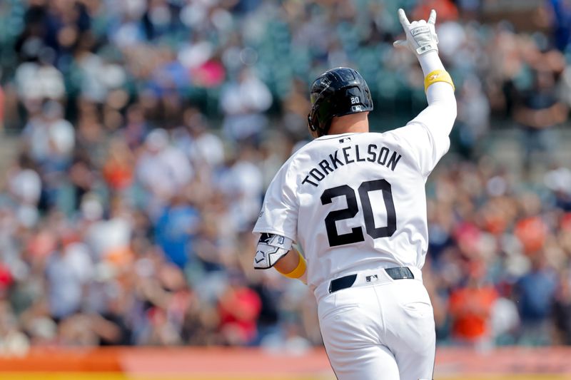 Sep 1, 2024; Detroit, Michigan, USA;  Detroit Tigers first base Spencer Torkelson (20) celebrates after he hits a two run home run in the fifth inning against the Boston Red Sox at Comerica Park. Mandatory Credit: Rick Osentoski-USA TODAY Sports