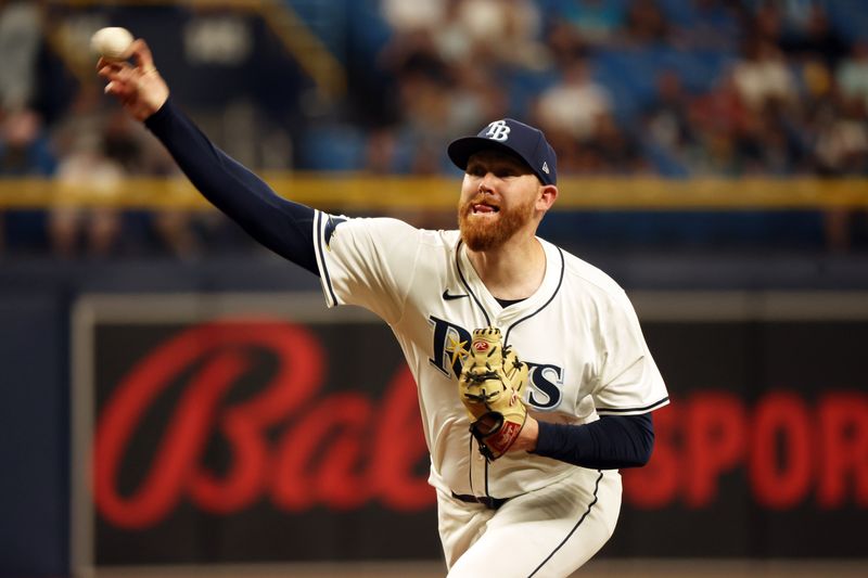 Apr 22, 2024; St. Petersburg, Florida, USA; Tampa Bay Rays pitcher Zack Littell (52) throws a pitch against the Detroit Tigers during the second inning at Tropicana Field. Mandatory Credit: Kim Klement Neitzel-USA TODAY Sports