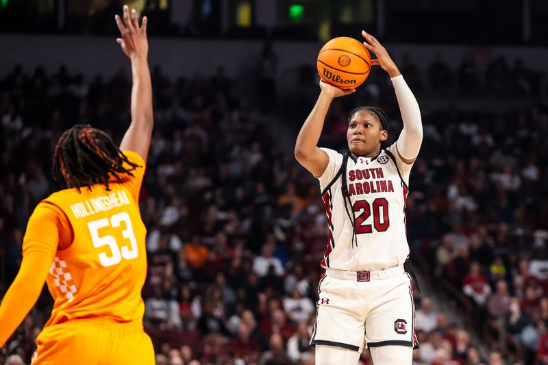 Mar 3, 2024; Columbia, South Carolina, USA; South Carolina Gamecocks forward Sania Feagin (20) shoots over Tennessee Lady Vols forward Jillian Hollingshead (53) in the first half at Colonial Life Arena. Mandatory Credit: Jeff Blake-USA TODAY Sports