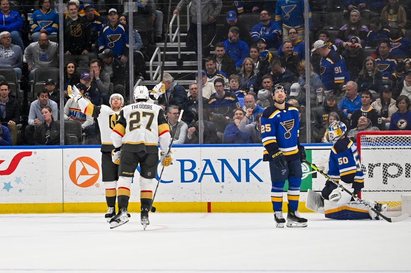 Mar 25, 2024; St. Louis, Missouri, USA;  Vegas Golden Knights right wing Jonathan Marchessault (81) reacts after scoring the game winning goal against goaltender Jordan Binnington (50) in overtime at Enterprise Center. Mandatory Credit: Jeff Curry-USA TODAY Sports