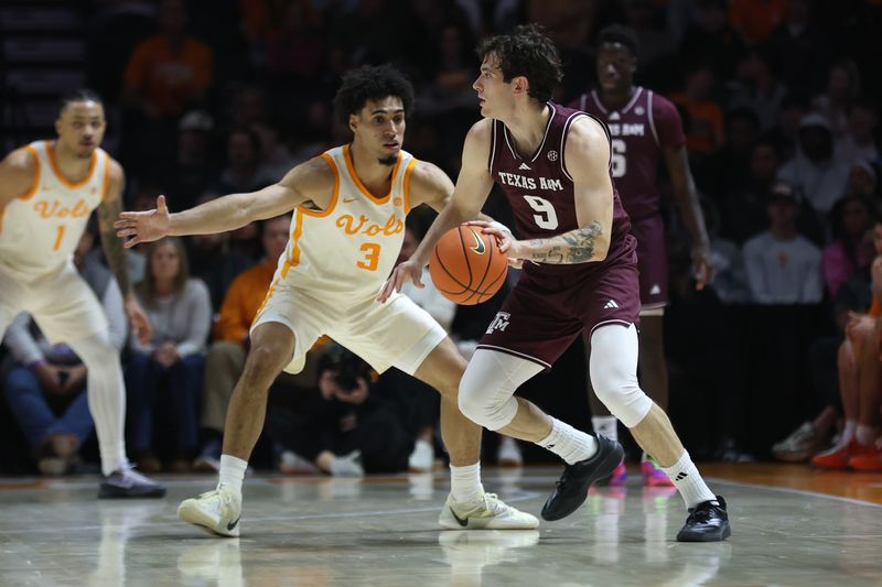 Jan 13, 2026; Knoxville, Tennessee, USA;  Texas A&M Aggies guard Ruben Dominguez (9) dribbles against Tennessee Volunteers guard Bishop Boswell (3) during the first half at Thompson-Boling Arena at Food City Center. Mandatory Credit: Randy Sartin-Imagn Images
