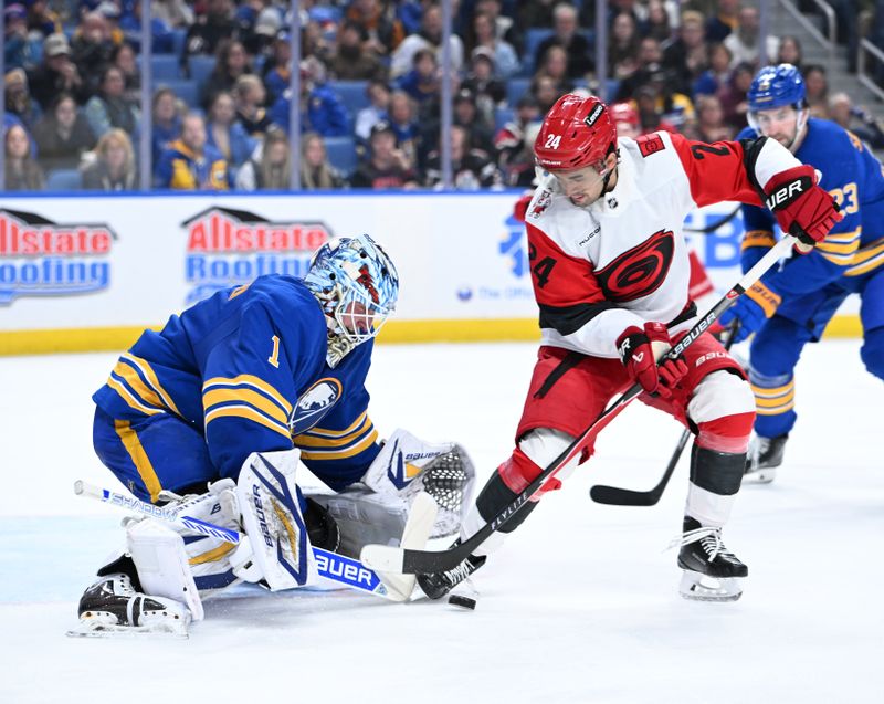 Nov 23, 2025; Buffalo, New York, USA; Carolina Hurricanes center Seth Jarvis (24) tries to get the puck past Buffalo Sabres goaltender Ukko-Pekka Luukkonen (1) in the first period at KeyBank Center. Mandatory Credit: Mark Konezny-Imagn Images