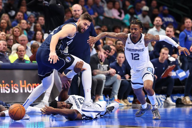 DALLAS, TEXAS - DECEMBER 03: Maxi Kleber #42 of the Dallas Mavericks competes against Jaren Jackson Jr. #13 and Ja Morant #12 of the Memphis Grizzlies for a loose ball during the first half of an Emirates NBA Cup game at American Airlines Center on December 03, 2024 in Dallas, Texas. NOTE TO USER: User expressly acknowledges and agrees that, by downloading and/or using this photograph, user is consenting to the terms and conditions of the Getty Images License Agreement. (Photo by Sam Hodde/Getty Images)