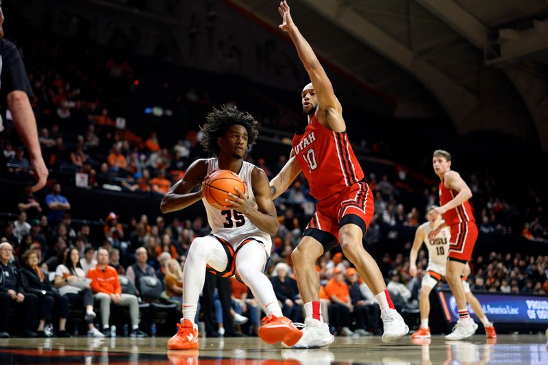 Jan 26, 2023; Corvallis, Oregon, USA; Oregon State Beavers forward Glenn Taylor Jr. (35) drives to the basket against Utah Utes guard Marco Anthony (10) during the first half at Gill Coliseum. Mandatory Credit: Soobum Im-USA TODAY Sports