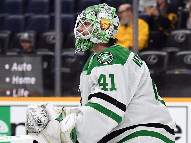 Dec 23, 2023; Nashville, Tennessee, USA; Dallas Stars goaltender Scott Wedgewood (41) celebrates with teammates after a win against the Nashville Predators at Bridgestone Arena. Mandatory Credit: Christopher Hanewinckel-USA TODAY Sports