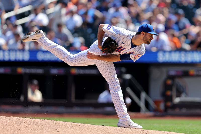 Aug 27, 2023; New York City, New York, USA; New York Mets starting pitcher David Peterson (23) follows through on a pitch against the Los Angeles Angels during the second inning at Citi Field. Mandatory Credit: Brad Penner-USA TODAY Sports