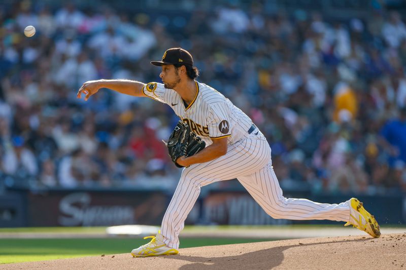 Jul 29, 2023; San Diego, California, USA; San Diego Padres starting pitcher Yu Darvish (11) throws a pitch in the first inning against the Texas Rangers at Petco Park. Mandatory Credit: David Frerker-USA TODAY Sports