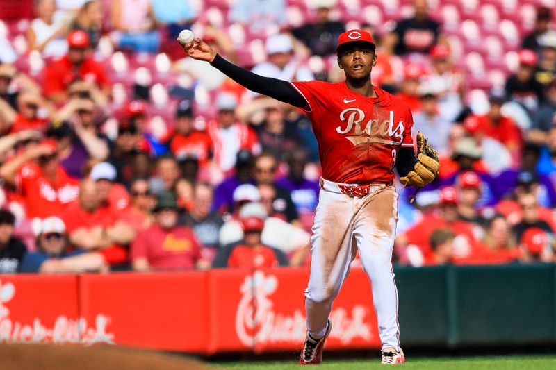 Sep 25, 2025; Cincinnati, Ohio, USA; Cincinnati Reds third baseman Ke'Bryan Hayes (3) throws to first to get Pittsburgh Pirates second baseman Nick Yorke (not pictured) out in the eighth inning at Great American Ball Park. Mandatory Credit: Katie Stratman-Imagn Images